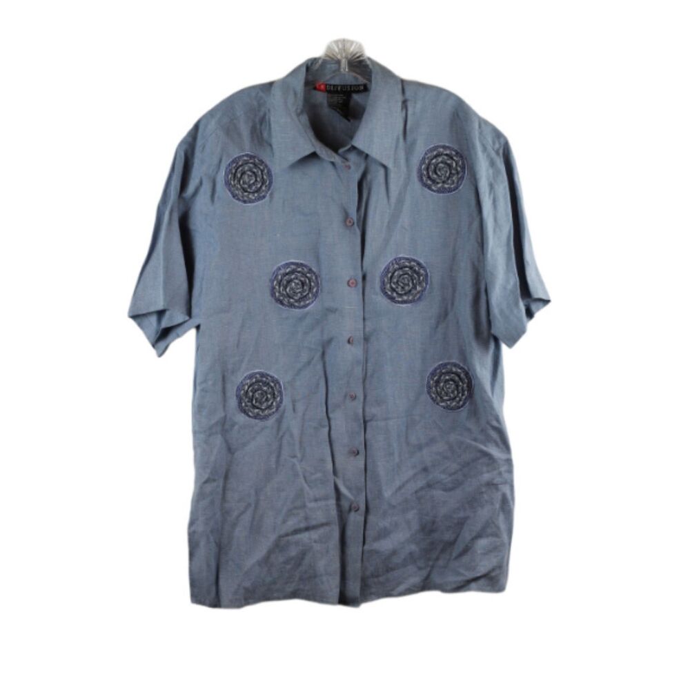 IB Diffusion Blue Women's Tunic Short Sleeve Top Blouse Button Up 16 049